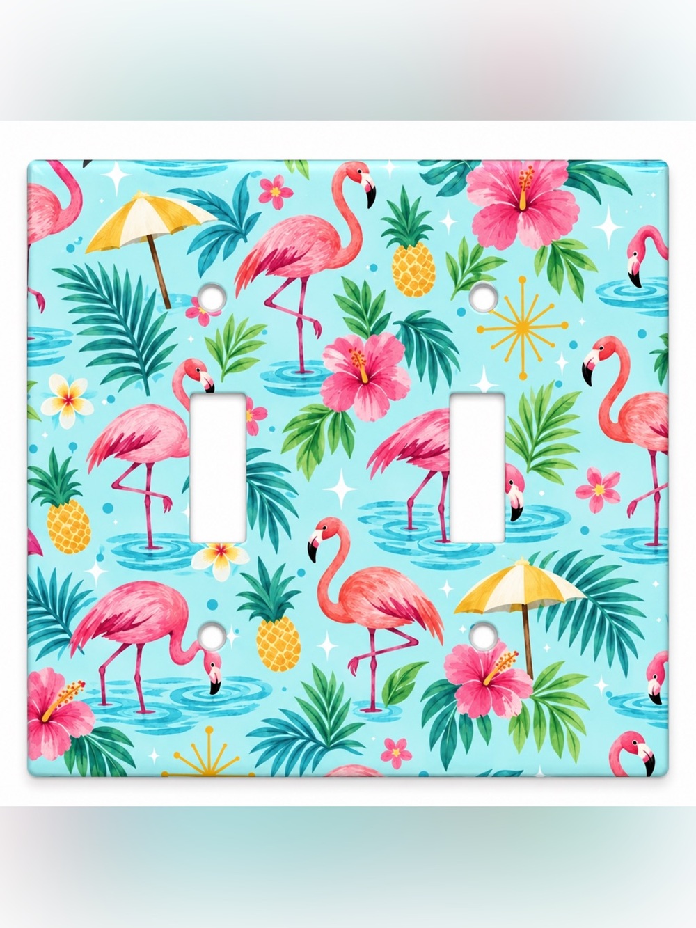 Pink Flamingo Double Light Switch Cover Tropical Hibiscus Palm Beach Decor